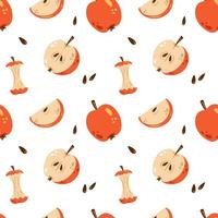 Vector cute seamless pattern with red apples. Whole apple, apple half, slice and apple core. Apple pattern.