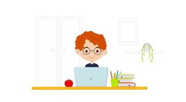 Cute boy in glasses learning via internet at home. Happy smart kid studying online at laptop computer. Child studying at a desk. Vector illustration isolated on white background