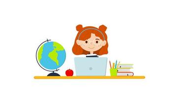 Cute girl in glasses learning via internet at home. Happy smart kid studying online at laptop computer. Child studying at a desk. Vector illustration isolated on white background