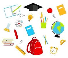 Back to school collection of supplies for children and students isolated on the white background. Vector illustration in flat style