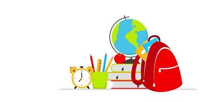 Back to school vector banner with school tools. Place for text.  Globe, books, backpack and clock islated on the white background. Vector illustration in flat style