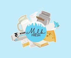 Fresh dairy products, milk, cottage cheese, yogurt and butter. Logo design vector
