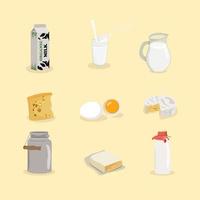 los productos lácteos establecen iconos vectoriales. productos lácteos frescos, leche, requesón, huevos y mantequilla vector