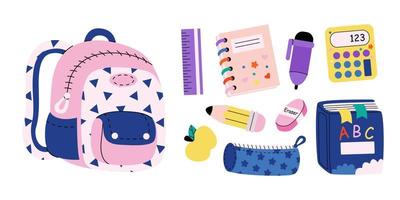 Set of study school supplies backpack, pencil, ruler, calculator, abc book, notebook with stickers, eraser, apple, pen. Children's cute stationery subjects. Back to school. Flat illustration. vector