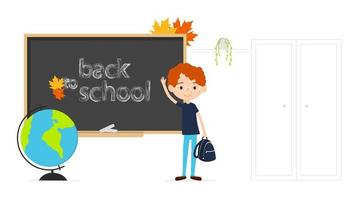 Schoolboy and blackboard isolated on the white background. Back to school concept. Vector illustration