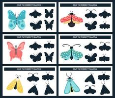 insectos, mariposas, polillas. encuentra la sombra adecuada, un juego educativo para niños. estilo de dibujos animados de ilustración vectorial