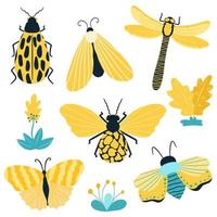 mariposas, insectos y flores dibujados a mano. alas de polilla y colorido insecto volador y escarabajo de primavera. vector sobre un fondo blanco.