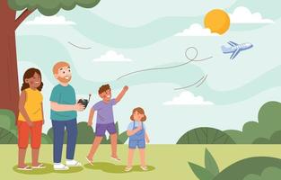 Happy Family Playing Remote Controlled Airplane in Park vector