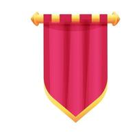 Red hanging medieval banner flag with cloth texture and golden decoration in cartoon style isolated on white background. Ui game asset, heraldic design element,. Vector illustration