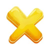Shiny close button game interface, menu element, cross shape in comic cartoon style isolated on white background. Vector illustration