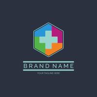 Hexagonal cross medical hospital logo template design for brand or company and other vector