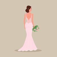 Bride in an evening dress with a bouquet in her hands. Vector illustration in flat cartoon style