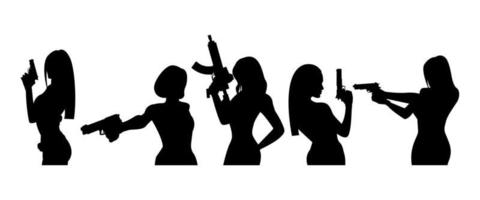 Silhouettes of women with weapons in their hands set. Vector illustration