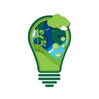 Paper art of green ecology technology and nature concept. save energy creative idea concept. light bulb with nature and environment conservation. vector design