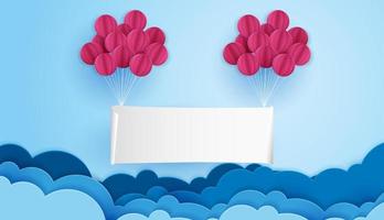 Paper art of signboard hang on the blue sky and cloud with balloon, template for text and label, vector design