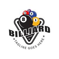 Billiards design logo featuring black, yellow, blue, red, purple balls and simple text, billiard room, triangle or billiard club, billiard ball, icons, symbols, templates vector
