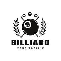 Billiards design logo showing black ball number 8, billiard room, triangle or pool club, billiard ball, icon, symbol, template vector