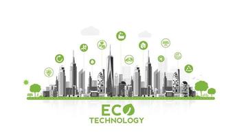 tecnología ecológica o concepto ambiental ciudad verde moderna. estilo de vida urbano ecológico con iconos a través de la conexión de red. diseño vectorial vector