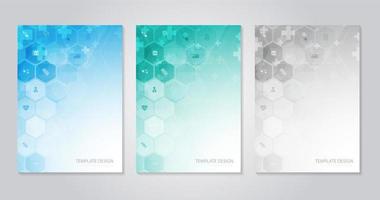 folleto de plantilla o libro de portada, diseño de página, diseño de volante. concepto e idea para el cuidado de la salud, tecnología. ciencia icono patrón concepto de innovación médica. diseño vectorial vector