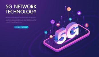 Ilustración de vector de tecnología inalámbrica de red 5g. Internet móvil de alta velocidad de última generación. utilizando modernos dispositivos digitales. plantilla de diseño de página web.