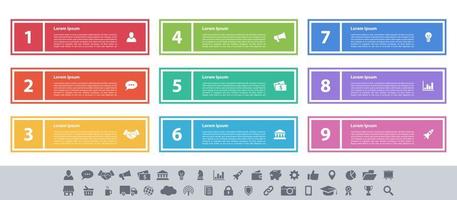 ilustración de vector de concepto de negocio de diseño infográfico con 9 pasos u opciones o procesos representan flujo de trabajo o diagrama o banner de botón web