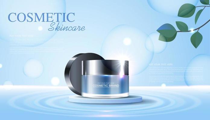Cosmetics or skin care product ads with bottle, banner ad for beauty products, leaf and sea background glittering light effect. vector design.