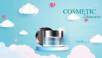 Cosmetics or skin care product ads with bottle, banner ad for beauty products with paper art of love and valentine day with paper heart and cloud. vector design