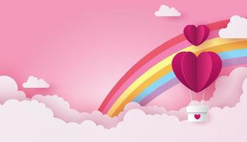 Paper art of love and valentine day with paper heart balloon and gift box float on the blue sky. can be used for Wallpaper, invitation, posters, banners. Vector design