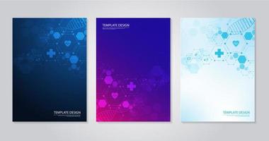 folleto de plantilla o libro de portada, diseño de página, diseño de volante. concepto e idea para el cuidado de la salud, tecnología. ciencia icono patrón concepto de innovación médica. diseño vectorial vector