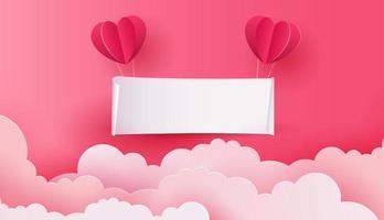 Paper art of signboard hang on the pink sky and cloud with heart balloon, template for text and label, vector design