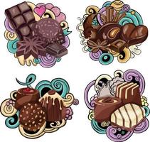 juego de insignias y etiquetas de chocolate con varios dulces sabrosos. vector