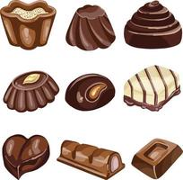 Wide selection of chocolate sweets of various forms with different fillings and toppings. Isolated images. vector