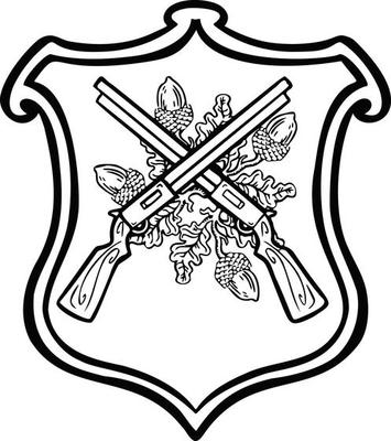 black and white linear sign, designation coat of arms of hunters shooters, hand drawn illustration vector