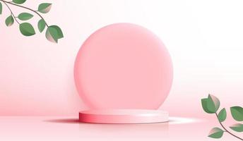 fondo rosa cosmético y pantalla de podio premium para presentación de productos, marca y empaque. escenario de estudio con nubes y hojas en el fondo. diseño vectorial vector
