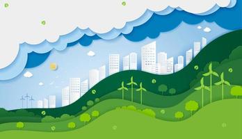 Paper cut of ecology and environment conservation creative idea concept. green eco urban city and nature landscape background paper art style. vector design