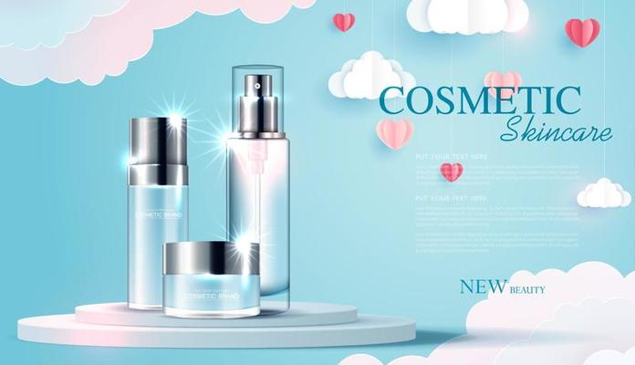Cosmetics or skin care product ads with bottle, banner ad for beauty products with paper art of love and valentine day with paper heart and cloud. vector design