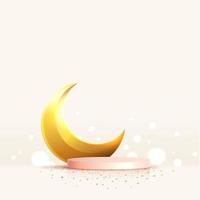 Islam theme product or cosmetic display purple background. mosque portal frame with podium and blank space. studio stage with golden crescent moon. vector design