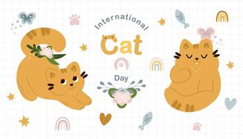 lindos gatos y divertido juego de vectores de garabatos de gatitos. feliz diseño de la colección del día internacional del gato con color plano en diferentes poses. un conjunto de mascotas adorables, sobre un fondo de moda.