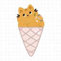 Kitten in ice cream. Hand drawn flat vector illustration, on trendy plaid background. Funny animal characters and indoor plants. Indoor plants and pets.