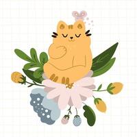 Cute cat with a butterfly in flowers on a checkered background. Flat cartoon style for baby shower, baby store, books vector