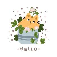 Kitten in a pot with a flower. Hand drawn flat vector illustration, on trendy plaid background. Funny animal characters and indoor plants. Indoor plants and pets.