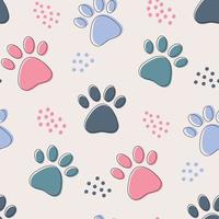 Cute seamless pattern with colorful pets paws. Cat or dog footprint outline pastel blue background with dots vector