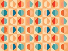 Groovy retro abstract seamless pattern background in retro color palette blue orange. Half circles checkerboard vintage backdrop, vector hippy 60s wallpaper, texture, textile geometric design.