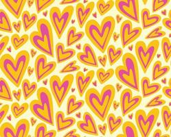 Groovy purple yellow hearts seamless pattern vector background. Retro hippie romantic repeat texture wallpaper, textile design.