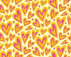 Groovy purple yellow hearts seamless pattern vector background. Retro hippie romantic repeat texture wallpaper, textile design.