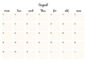 Blank august 2022 a4 printable calendar. Cute simple planner sheet for planning events and dates. Empty space for notes. Cursive lettering, elegant organizer notebook page vector