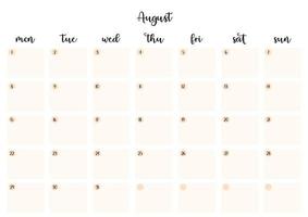 Blank august 2022 a4 printable calendar. Cute simple planner sheet for planning events and dates. Empty space for notes. Cursive lettering, elegant organizer notebook page vector