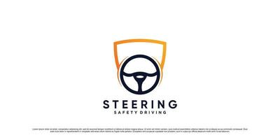 Car steering logo design illustration with shield and creative concept Premium Vector