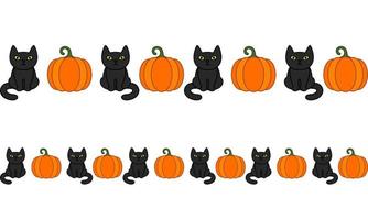 Halloween border set with black cats and pumpkins. Black cat in witch hat. vector