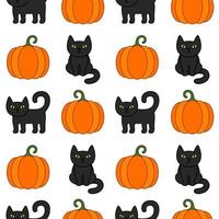 patrón sin costuras de dibujos animados de halloween. gato negro, calabaza naranja vector